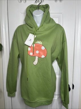 Keevici Mushroom Frog Kawaii Hoodie NWT Size Large Green